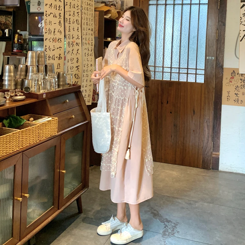 蕾丝罩衫衬衫裙套装女夏季2025新款韩版气质休闲宽松连衣裙两件套