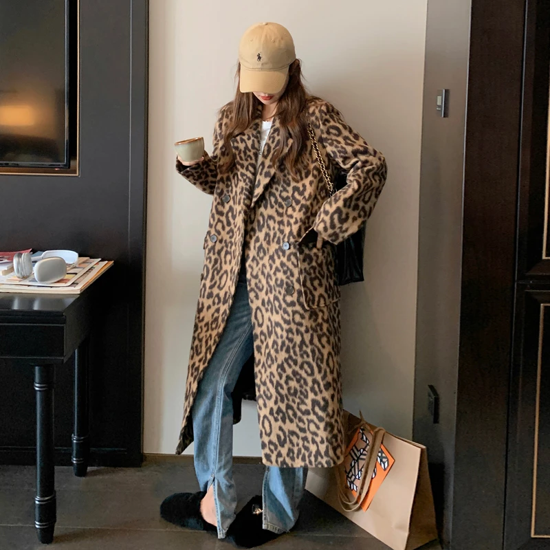 炸街豹纹毛呢大衣女设计感小众休闲宽松秋冬2025新款长款呢子外套