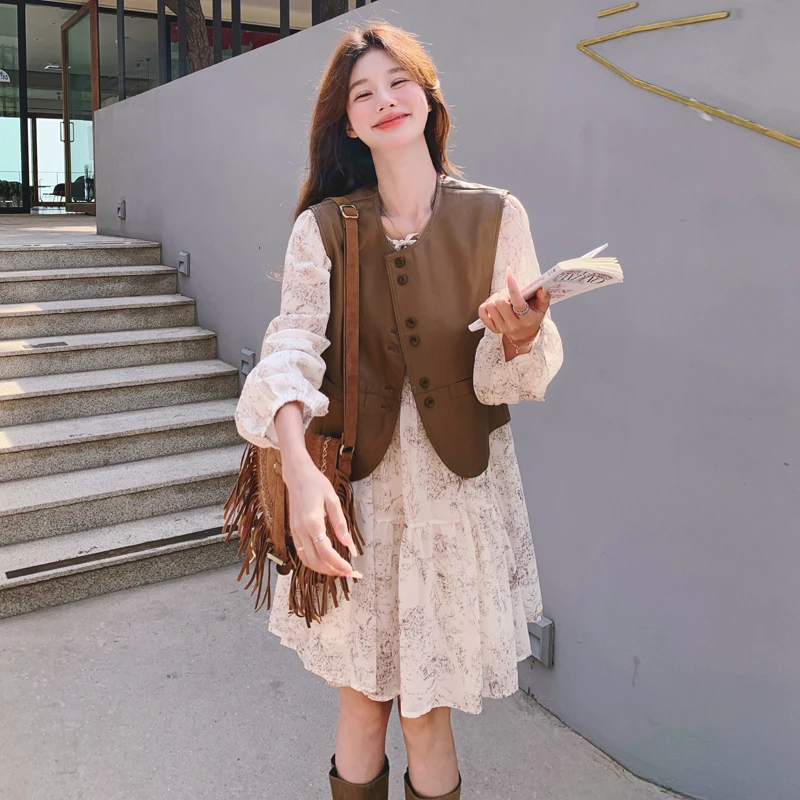 法式复古碎花连衣裙马甲套装女初秋新款2025设计感小个子两件套装