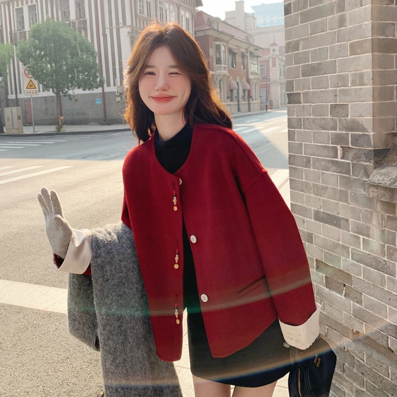 拼色短款毛呢外套女设计感小个子休闲百搭2025冬季新款保暖呢大衣