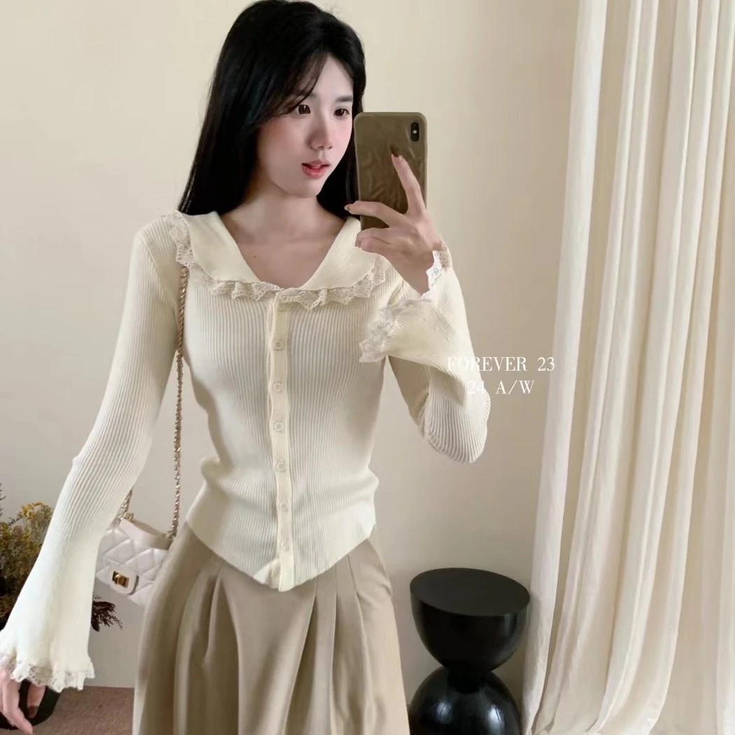 2024秋装新款韩版蕾丝拼接娃娃领针织复古小众百搭气质小衫女上衣