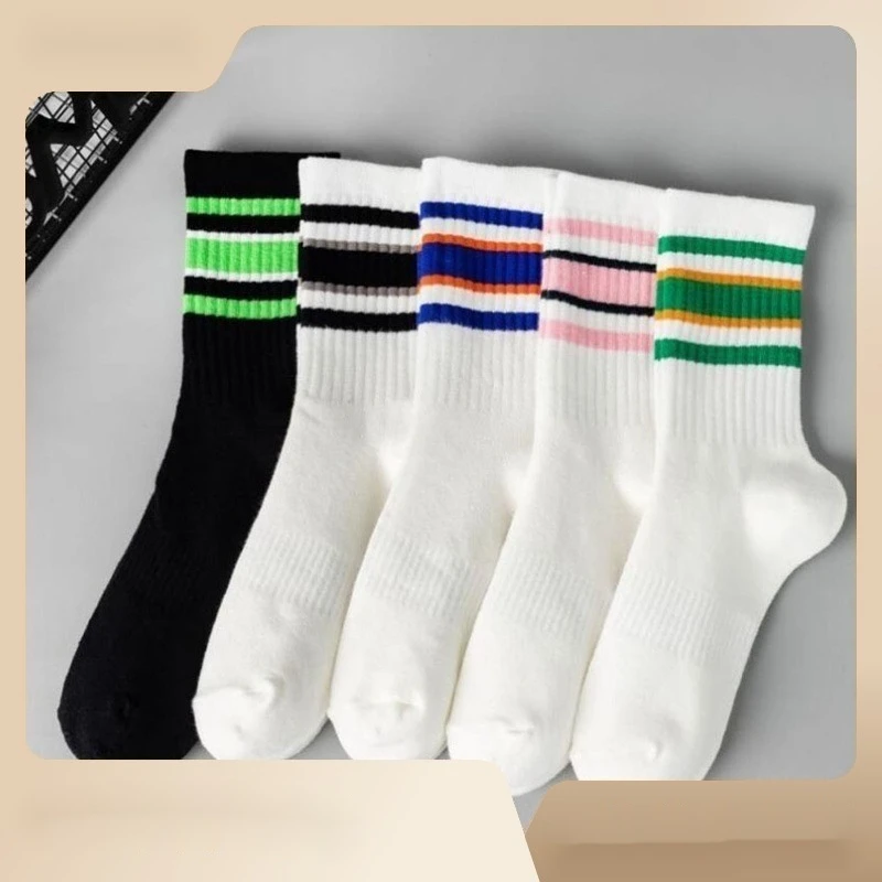 袜子女中筒袜外穿潮薄款春秋季条纹运动网红小腿长袜街头配鲨鱼裤