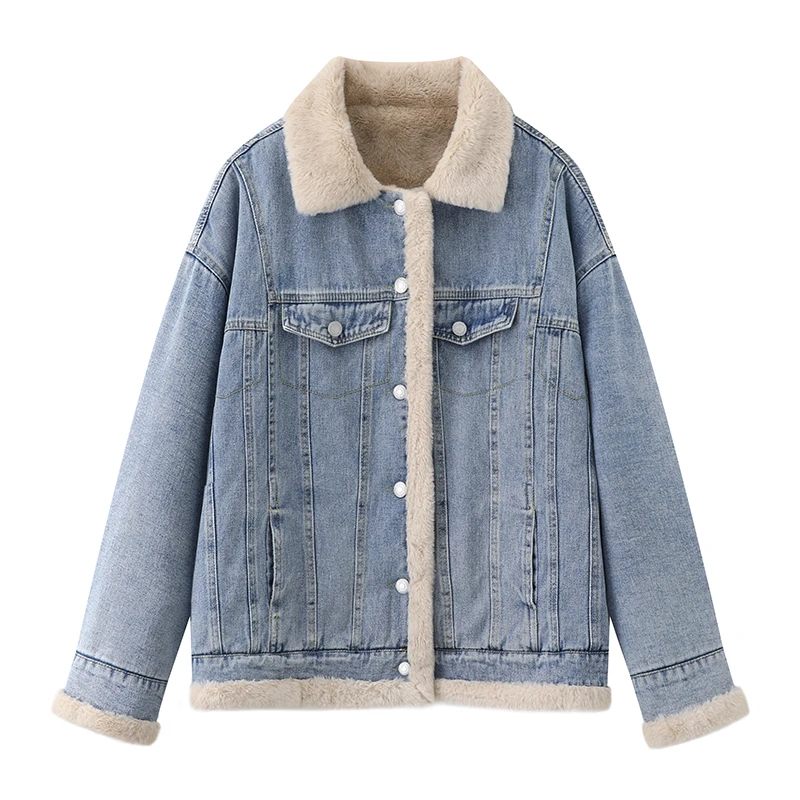 秋冬季加绒翻领百搭显瘦女时尚休闲复古拼接秋冬保暖厚外套HH