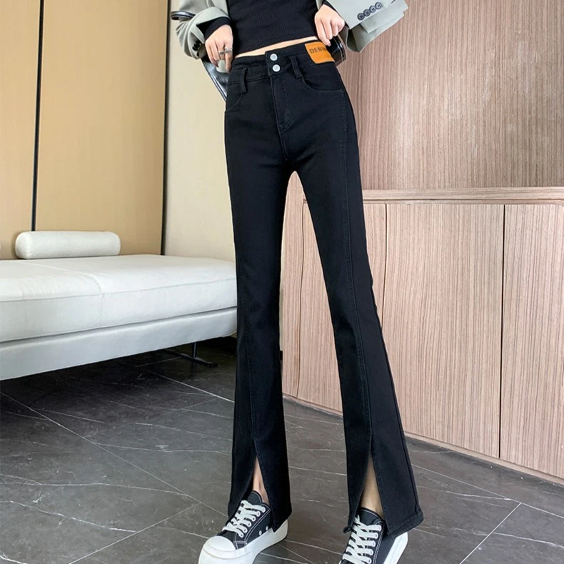 高腰开叉微喇裤女春秋2025爆款小个子黑色显瘦休闲弹力微喇叭长裤