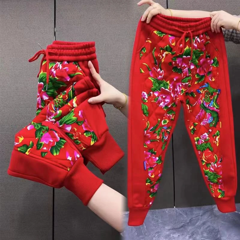 冬季东北花棉裤加绒加厚休闲裤女洋气百搭印花哈伦裤大花民族风潮