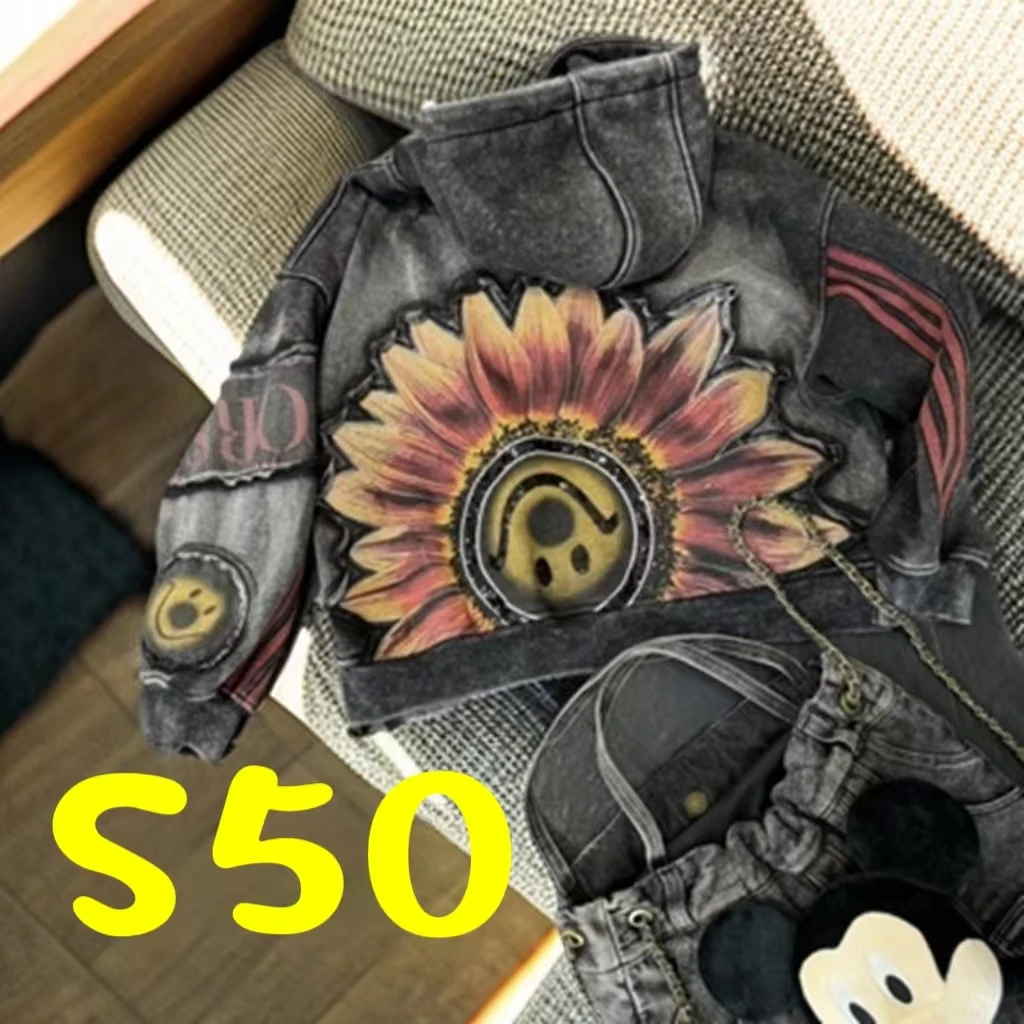 S50太阳花短款加绒外套宽松显瘦百搭休闲欧货潮牌重工贴布刺绣