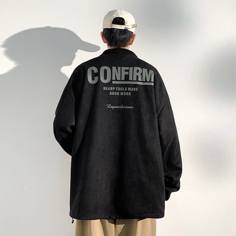 复古翻领外套男款春秋季潮牌痞帅百搭宽松字母印花男友风夹克