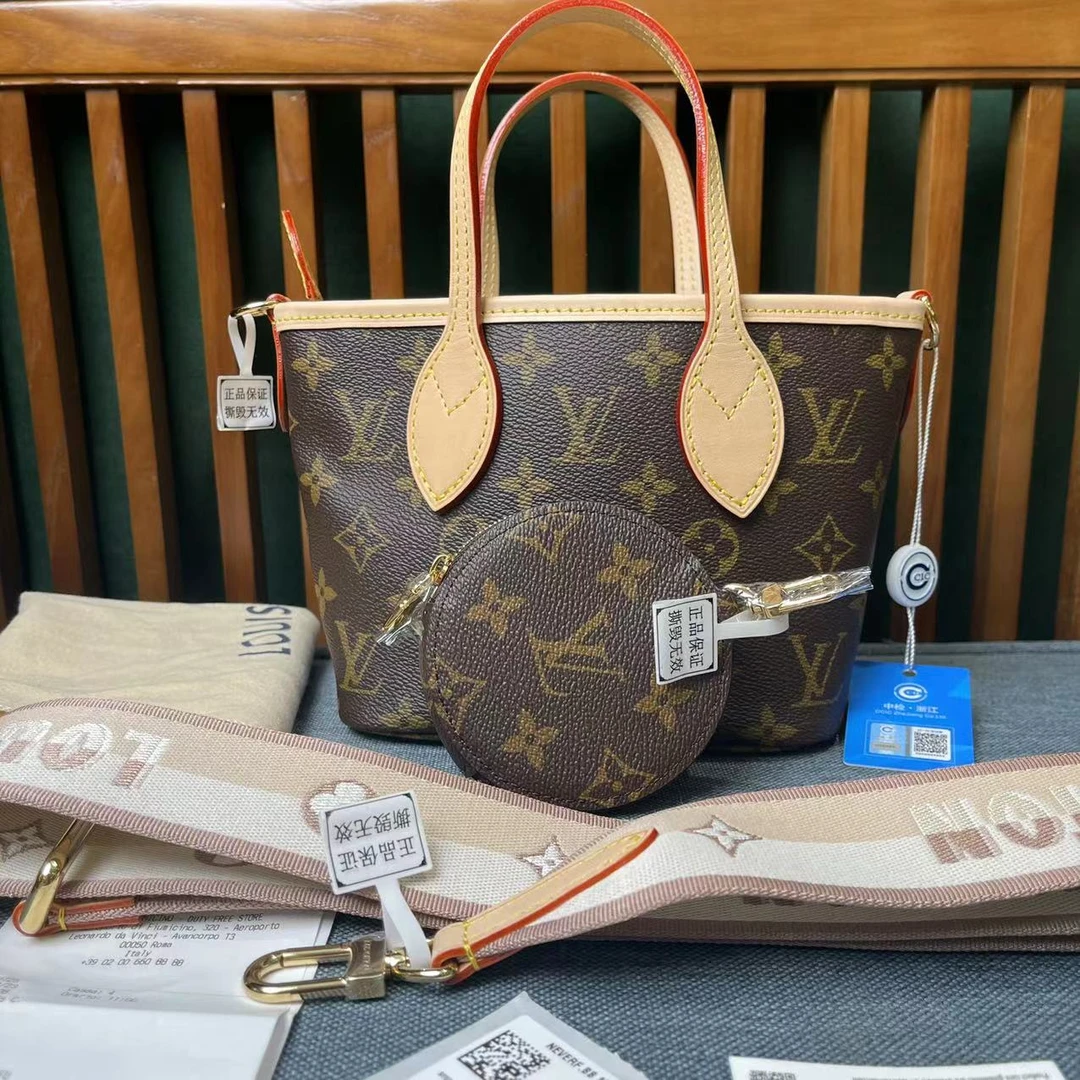 全新未使用 LouisVuitton/路易威登 neverfull BB 老花奶茶色肩带