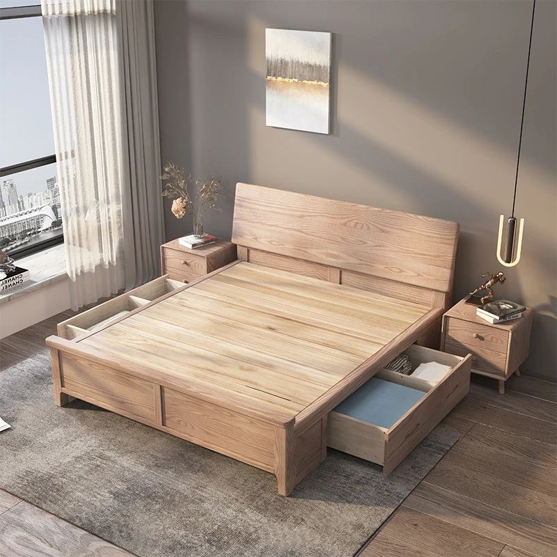 白蜡木全实木床原木风工厂直销现代简约简易单人床1米2储物箱体床