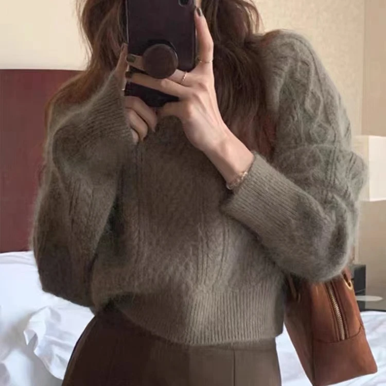 麻花式法式复古甜美慵懒日系加厚针织毛衣短款女秋冬新款上衣女