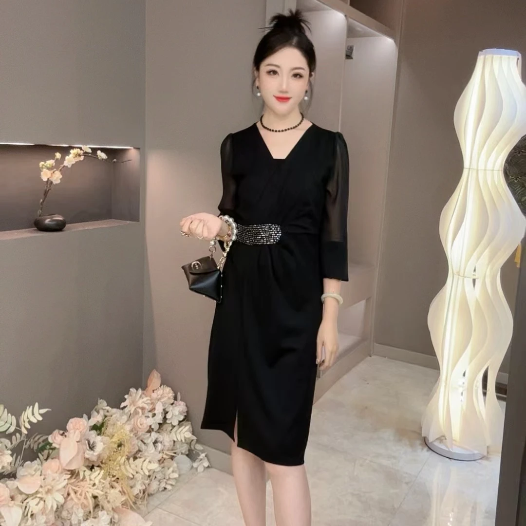 6192 云天定制早秋款大码收腰法式拼接高级感亮片显瘦宽松 连衣裙