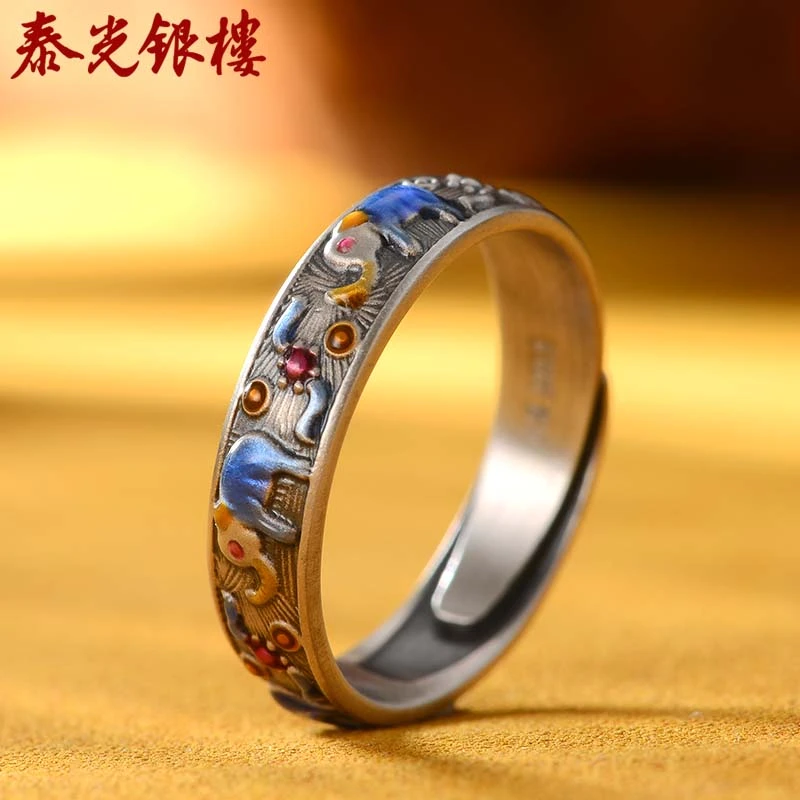 足银珐琅戒指 小象戒指吉祥多彩叠口戒
