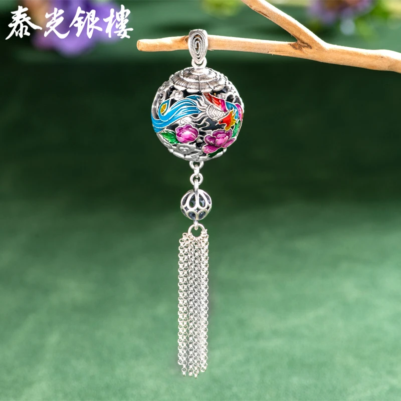 泰光银楼 吊坠足银珐琅 阿海设计国风足银凤穿牡丹镂空花球吊坠