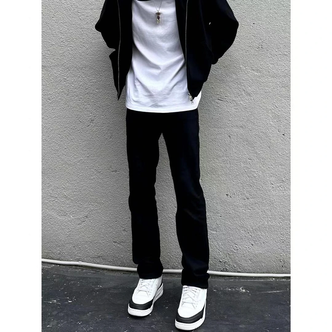 美式高街cleanfit简约黑色微喇显瘦牛仔裤男修身直筒百搭休闲长裤