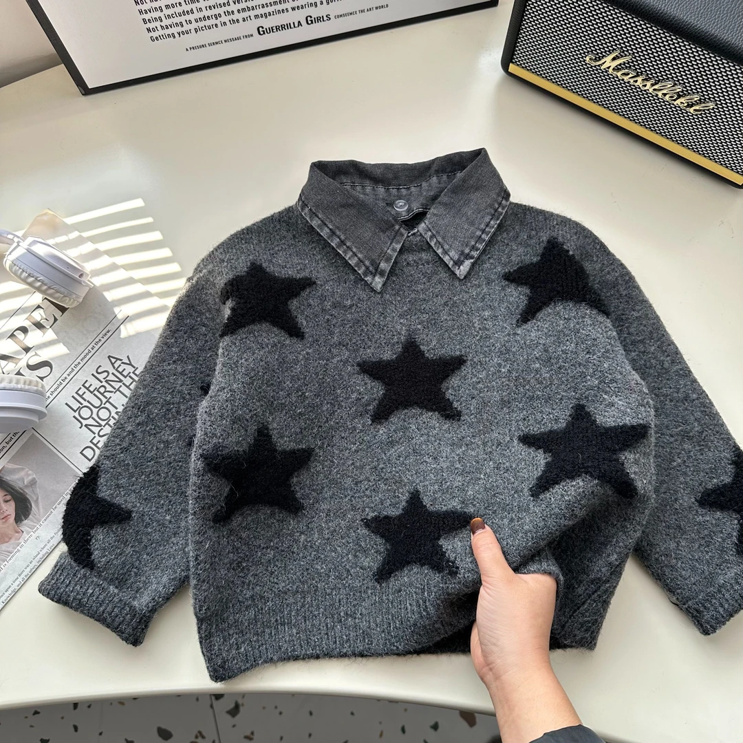 【小佑专属】2024年新款韩版秋冬儿童毛巾绣星星牛子领套头毛衣