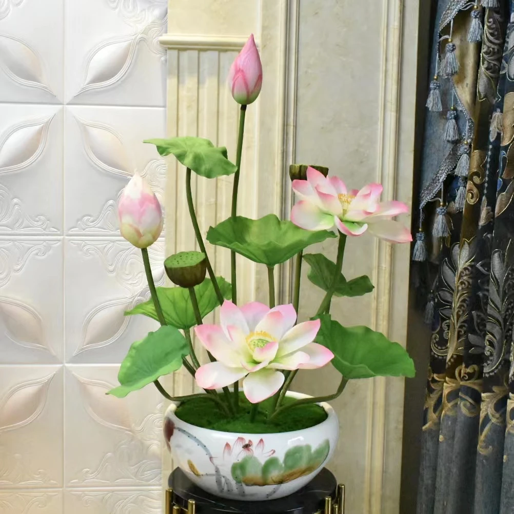 花妍设计师款手感仿真荷花盆栽套装客厅玄关角几办公室会议室摆件
