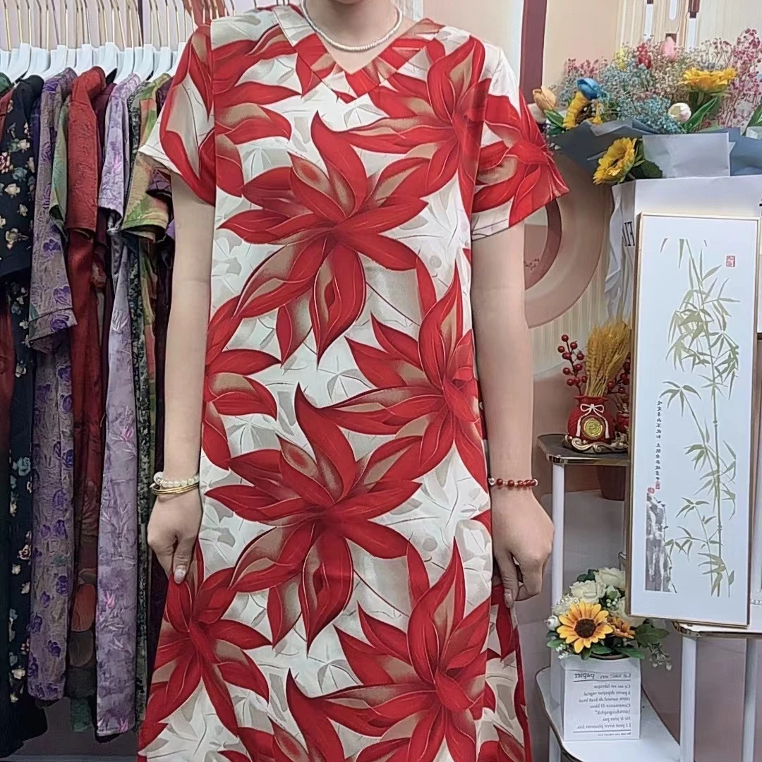 【红色大花】2024夏季新款妈妈装连衣裙时尚遮肚中长款宽松连衣裙