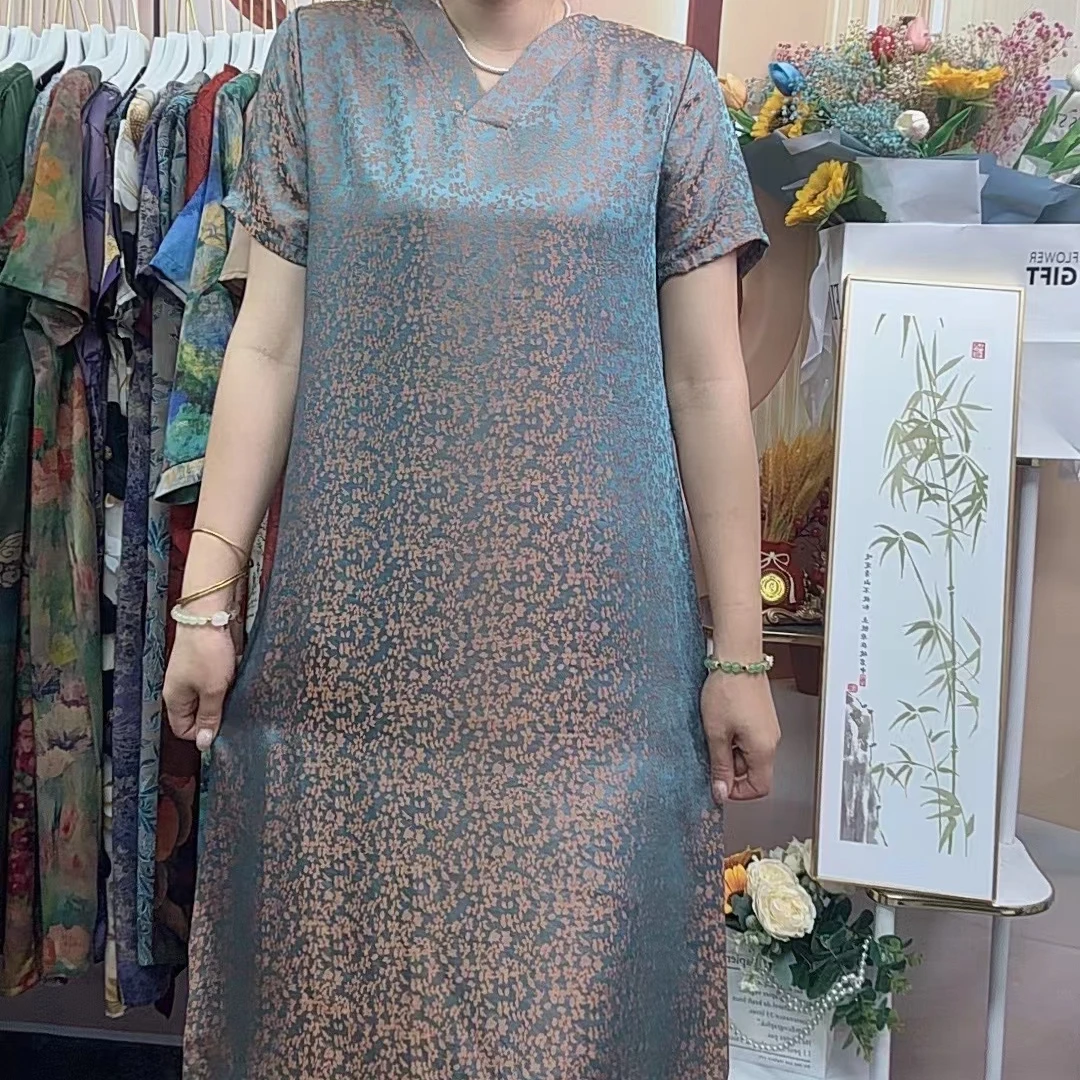 【孔雀蓝提花】2024夏季新款妈妈装连衣裙时尚洋气中长款遮肚妈妈装