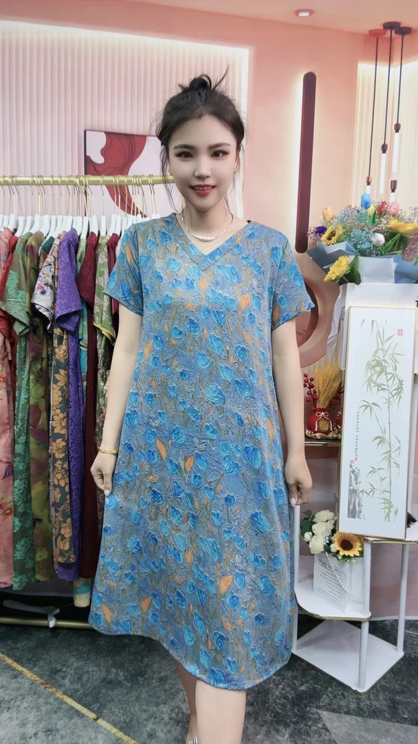 【蓝色郁金香】2024夏季新款时尚气质显瘦宽松连衣裙妈妈装