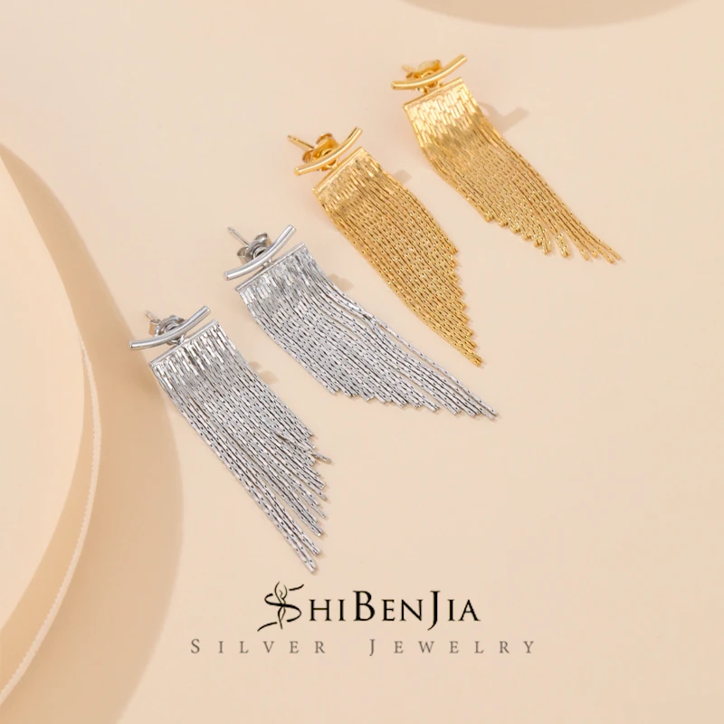 925银耳饰 气质小众百搭复古白金色流苏银制耳环手工