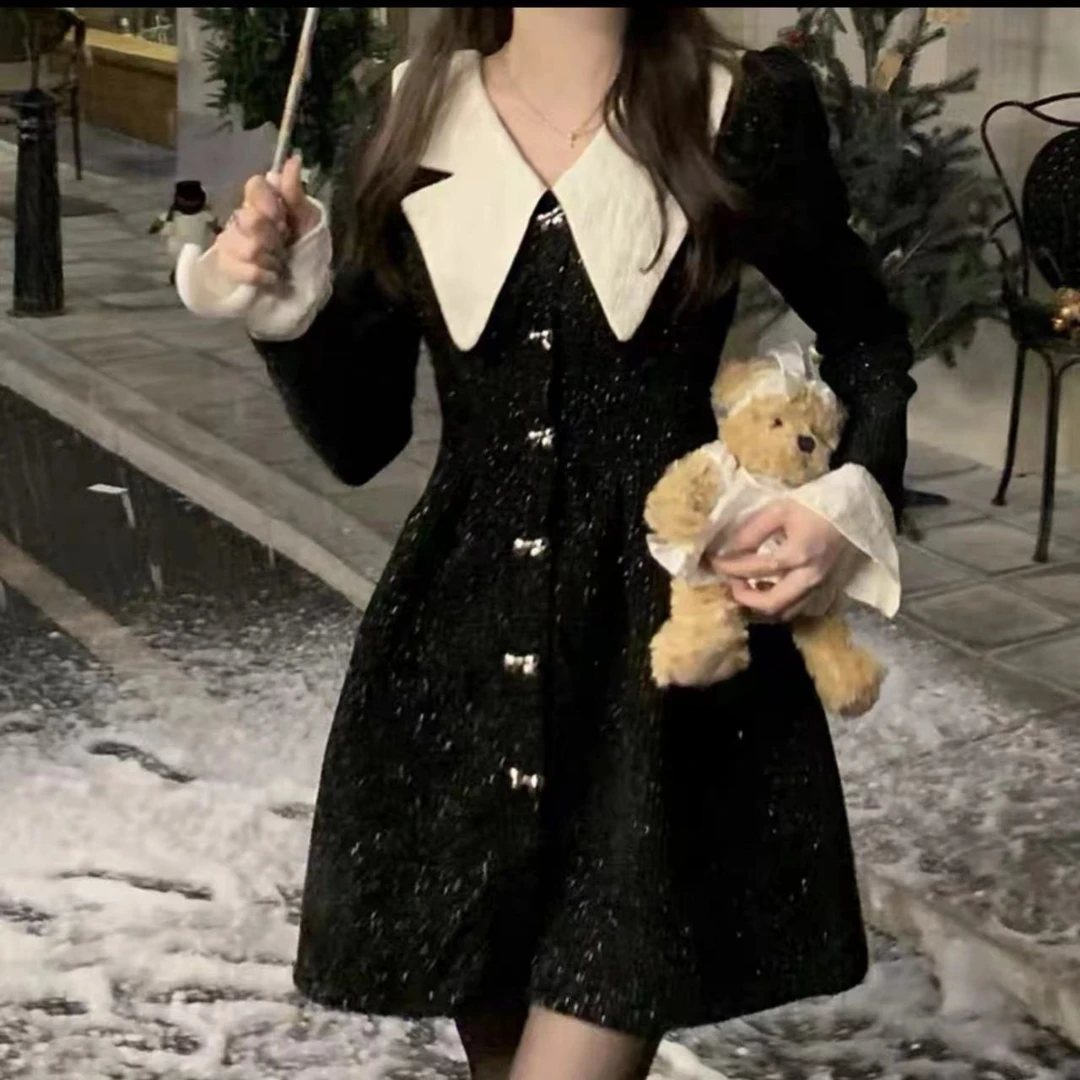 法式娃娃领小香风千金公主裙女秋冬新款收腰显瘦气质黑色-2332