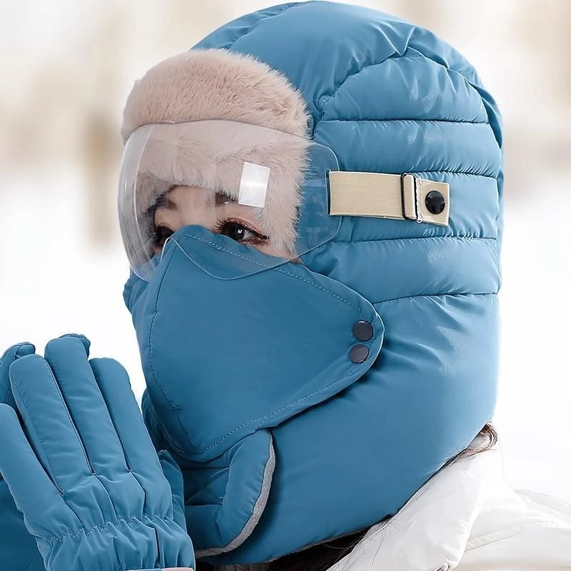 零下40东北哈尔滨加绒加厚保暖女冬帽围脖手套三件套眼镜雷锋帽男