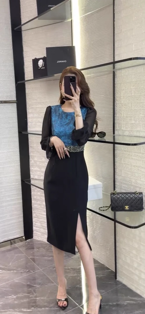 秋秋精选新款撞色拼接优雅修身显瘦气质连衣裙203856