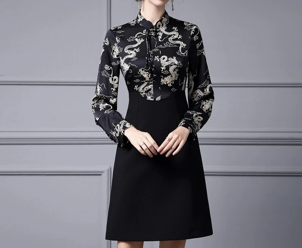 秋秋精选新款国风复古印花显瘦立领假两件反季连衣裙20576