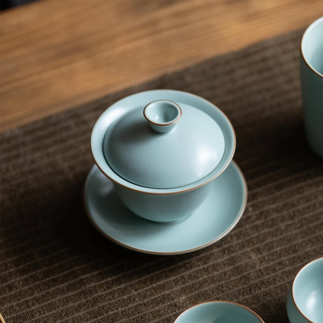 仁之轩陶瓷汝窑汝瓷茶具天青釉色家用复古茶杯小马蹄盖碗中式泡茶