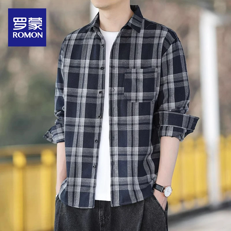 罗蒙长袖格子衬衫男士春秋款2025新款复古潮流宽松休闲衬衣外套男