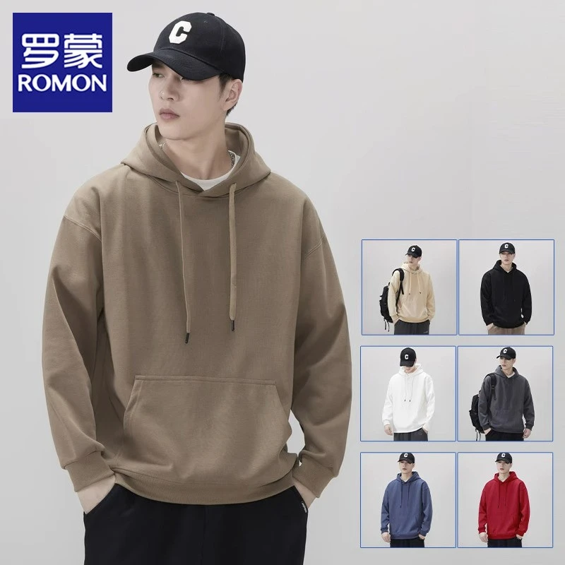 罗蒙2025春秋季连帽卫衣男士新款日系纯色简约重磅宽松美式上衣服