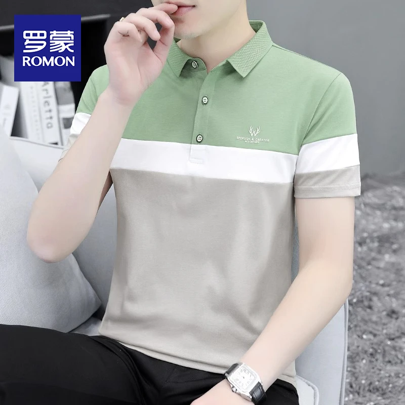 罗蒙polo衫短袖男士翻领T恤夏季拼接商务休闲百搭简约刺绣上衣服