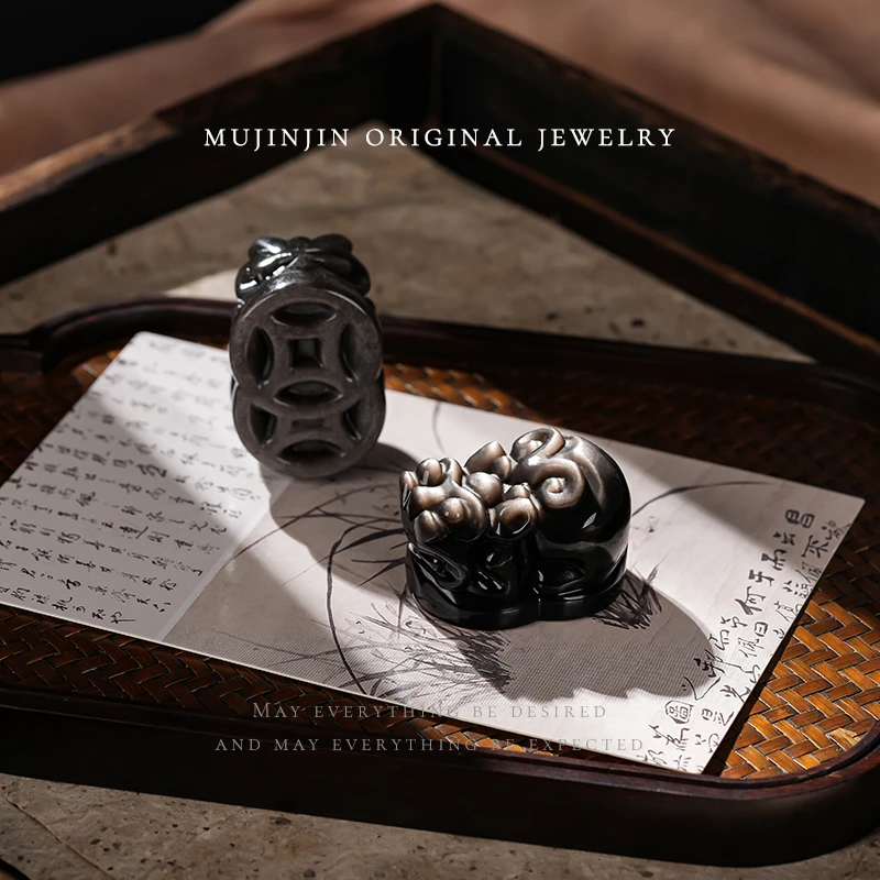 【木槿槿】天然黑曜石貔貅摆件银曜石雕刻手把件XL2457多样性发一