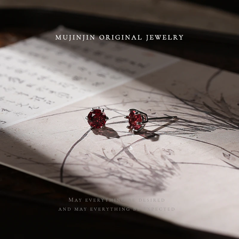 【木槿槿】天然石榴石耳钉女款小巧精致时尚耳饰品百搭小众CH2942