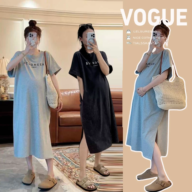 孕妇连衣裙夏装薄款2024年新款开叉休闲简约纯棉中长款T恤裙子女