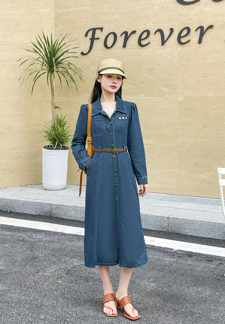 时尚气质收腰显瘦扣子牛仔连衣裙【裙长105公分】8805#【16-2】