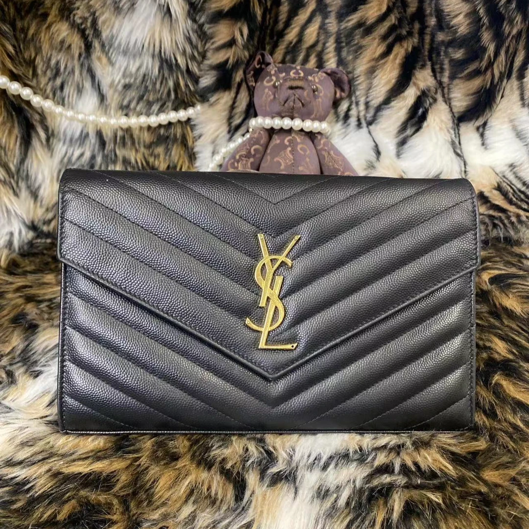 95新 YSL/圣罗兰 茉上/黑金鱼子酱信封包