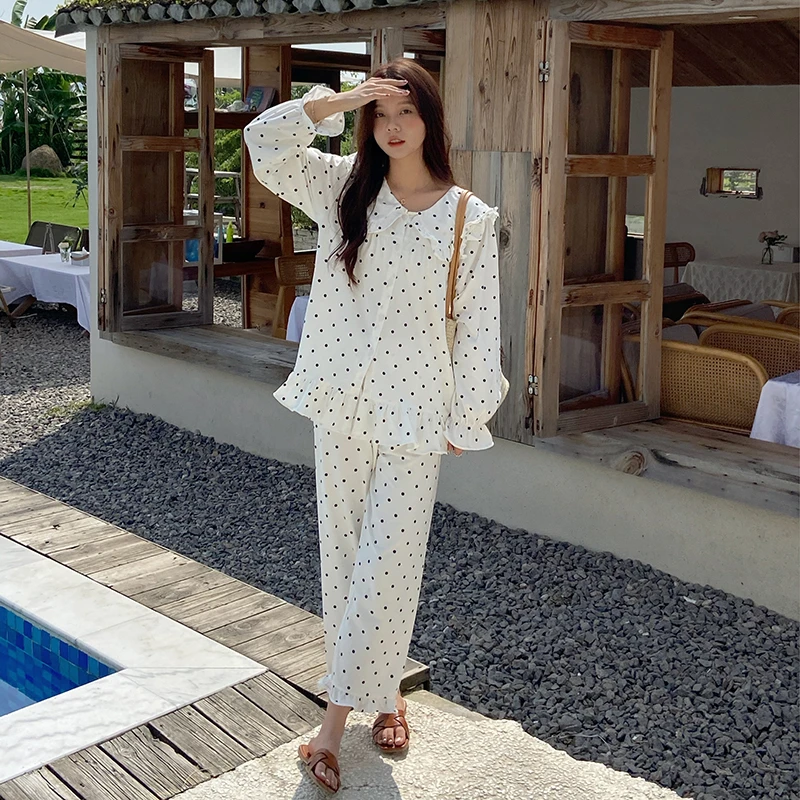 睡衣女款秋季韩版法式黑点长袖长裤套装夏季女士宽松家居服春秋款