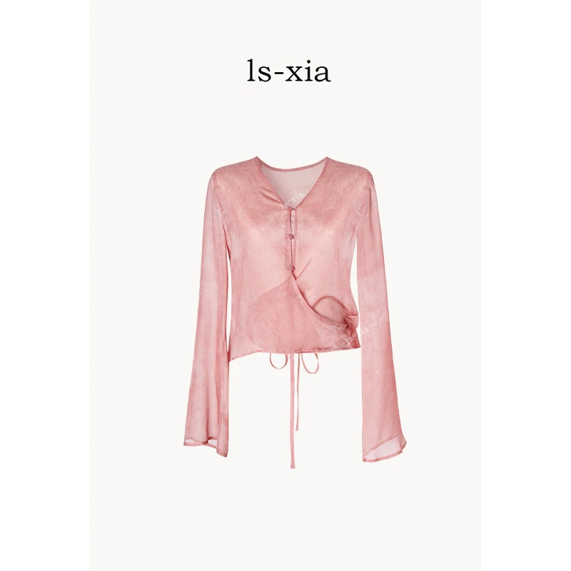 【日落沙滩】·100桑蚕丝 ·满分印花优雅风衬衫 长袖小V领透气