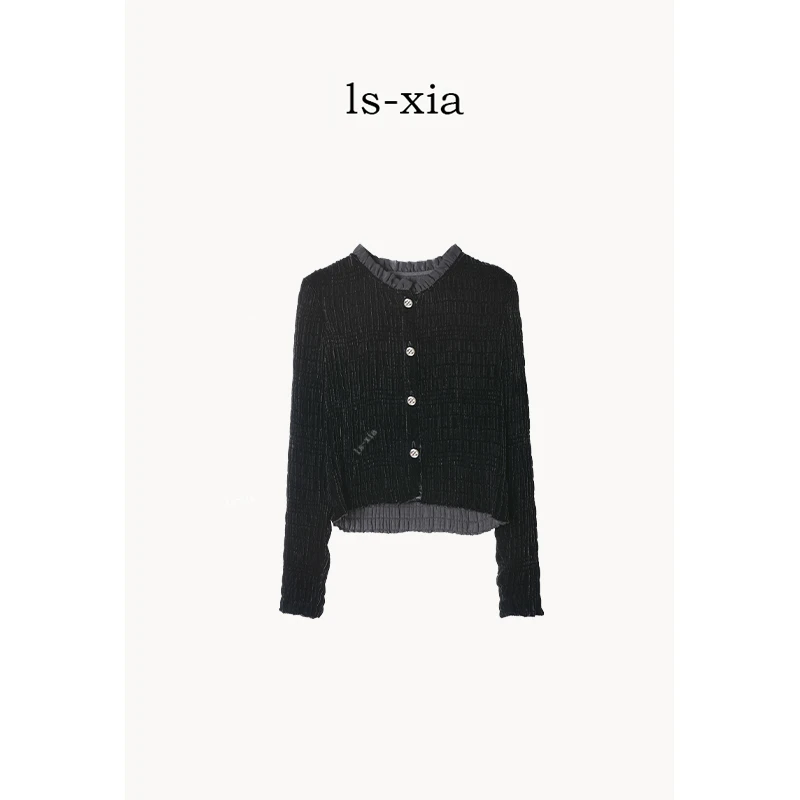 【丝绒黑巧】优雅轻奢风·真丝丝绒柔软质感 花边领型衬衫24CY101