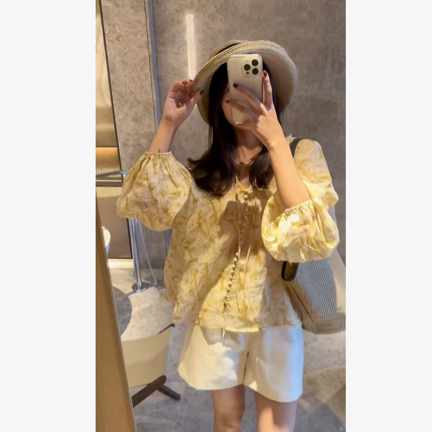 【花海】100苎麻小碎花气质长袖设计感十足衬衫时尚极简 24YZ1057