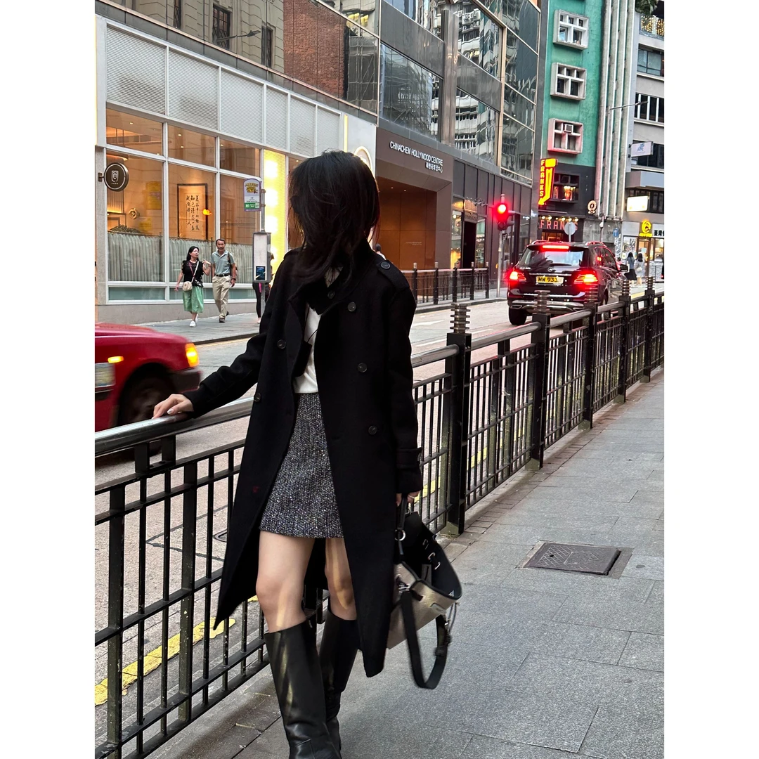 【法式黑天鹅】高奢风黑色毛呢大衣90羊毛10羊绒气质过膝中长款秋冬