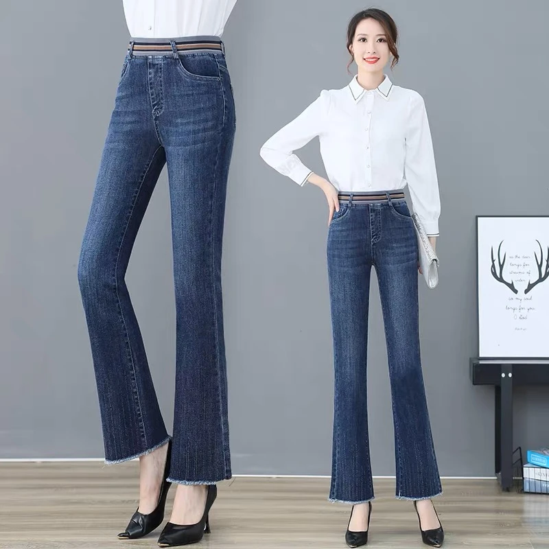 松紧高腰重工烫钻微喇牛仔裤女2025年春秋百搭修身显瘦弹力喇叭裤