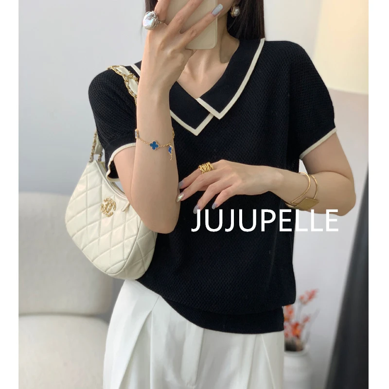 2025夏季新款洋气百搭翻领针织短袖套头上衣女款宽松显瘦透气外搭