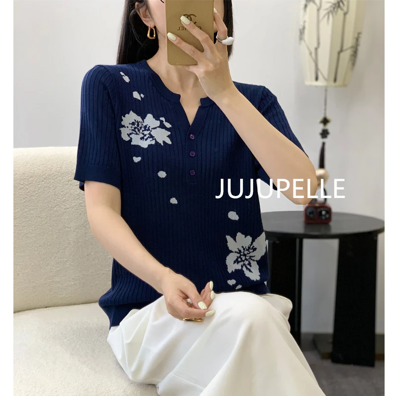 2024夏季新款百搭V领针织短袖上衣女款宽松显瘦套头时尚打底衫