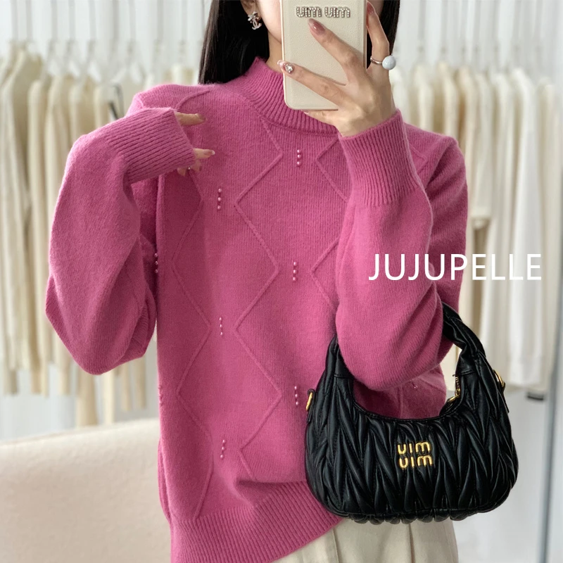 2024秋冬新款洋气百搭钉珠纯色套头女宽松显瘦针织衫外套毛衣上衣