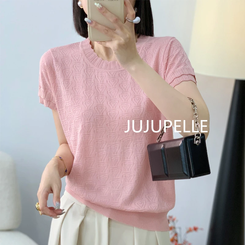 2025夏季新款时尚百搭圆领短袖宽松显瘦女针织衫洋气显瘦凉快套头