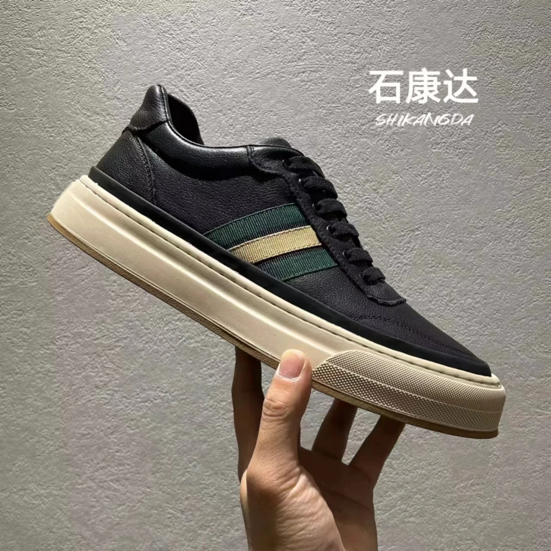 SHIKANGDA/石康达新款头层牛皮黑色板鞋一脚蹬时尚休闲百搭小白鞋