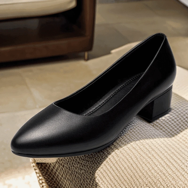 专柜品质-春秋工作上班时尚百搭黑色女士妈妈鞋粗跟耐磨小皮鞋