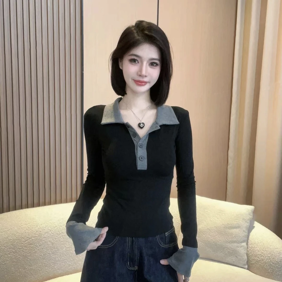 秋冬新款polo领气质长袖打底显瘦内搭时尚修身打底假两件T恤上衣